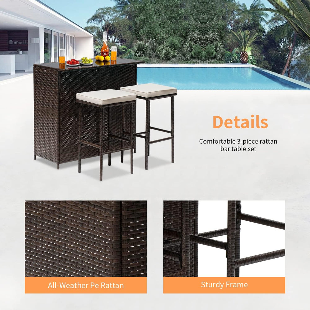 Wicker Patio Furniture 3 Piece Patio Bar Table Set Chairs Wicker Outdoor Ratt...