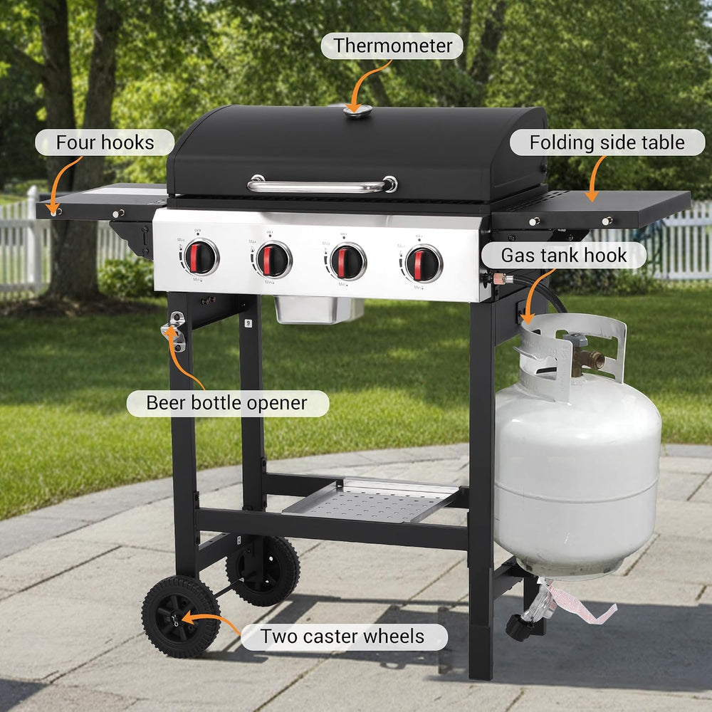 4-Burner Propane Gas Grill with Folding Side Tables
