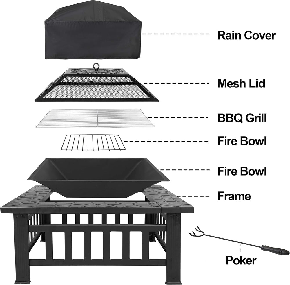 32 Inch Outdoor Fire Pit with Spark Screen Lid and Waterproof Cover, Square M...
