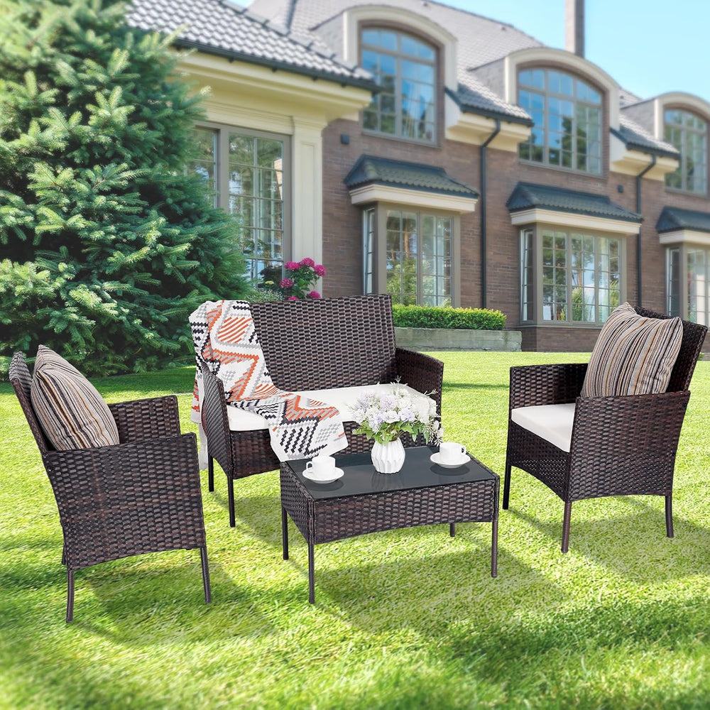 Patio Furniture Set 4 Pieces, Outdoor Rattan Furniture with Tempered Glass Co...