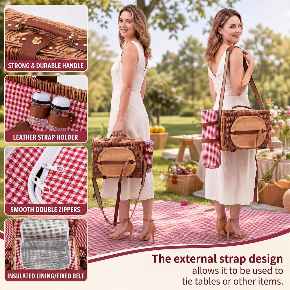 Wicker Picnic Basket Set for 2 with Foldable Table, Blanket, Insulated Liner,...