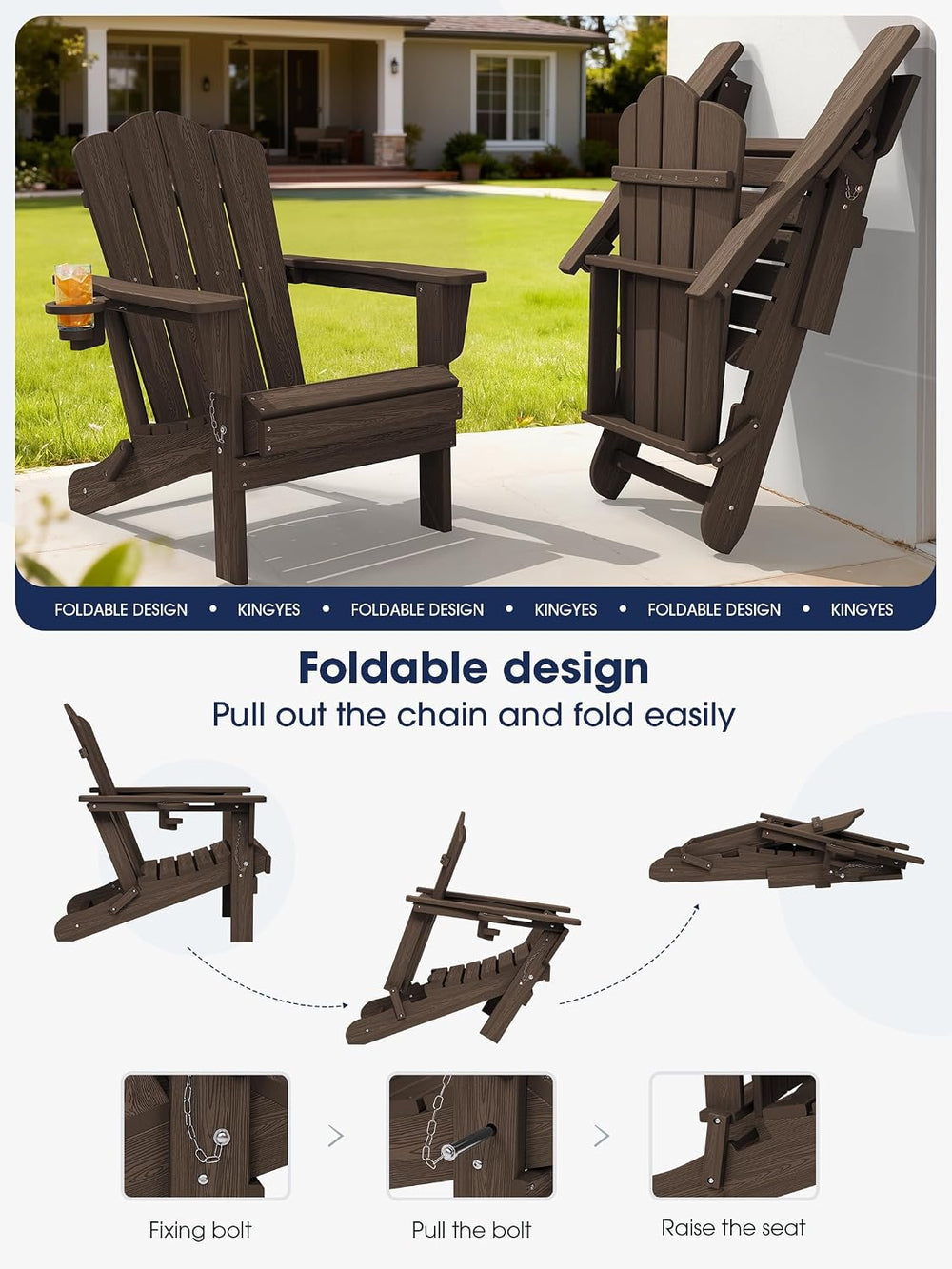 KINGYES Folding Adirondack Chair Set of 6 with Cup Holder, Coffee