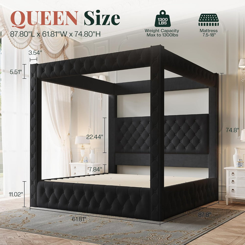 Jocisland Queen Canopy Bed Frame Velvet Upholstered Headboard, Black