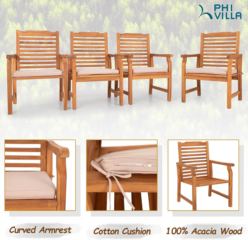PHI VILLA 9pc Outdoor Dining Set, Expandable Wood Table w/Umbrella Hole