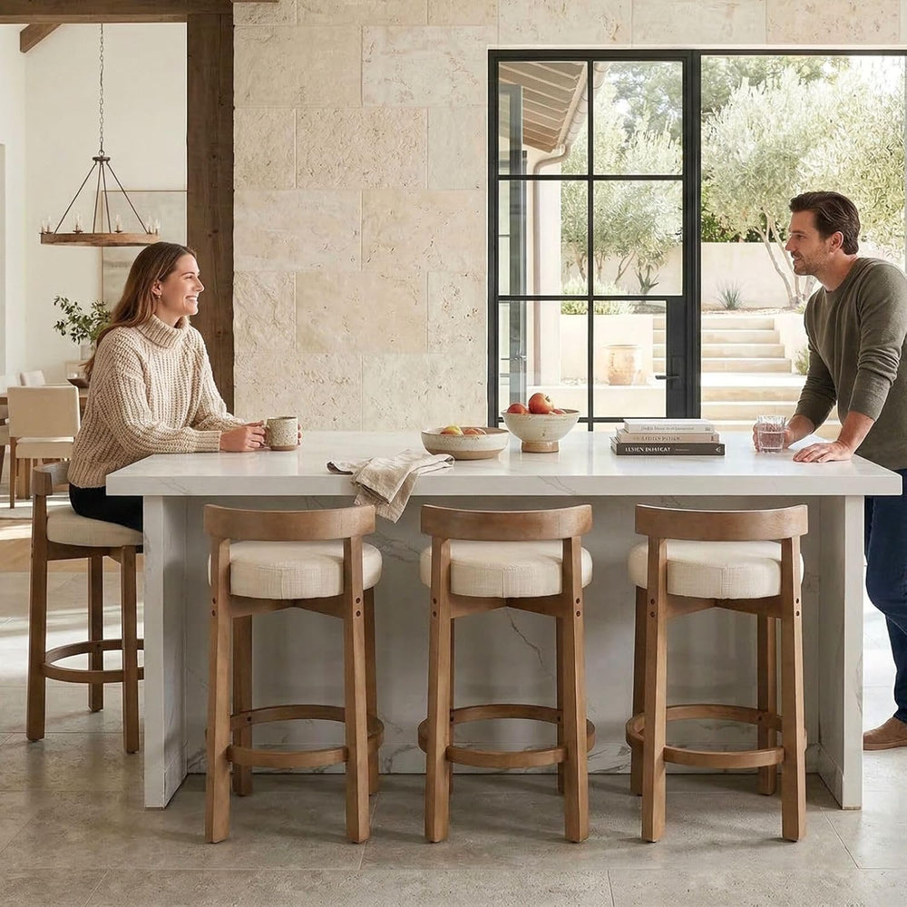 LukeAlon Mid Century Linen Counter Stools Set of 3, Upholstered 26.5" Se...