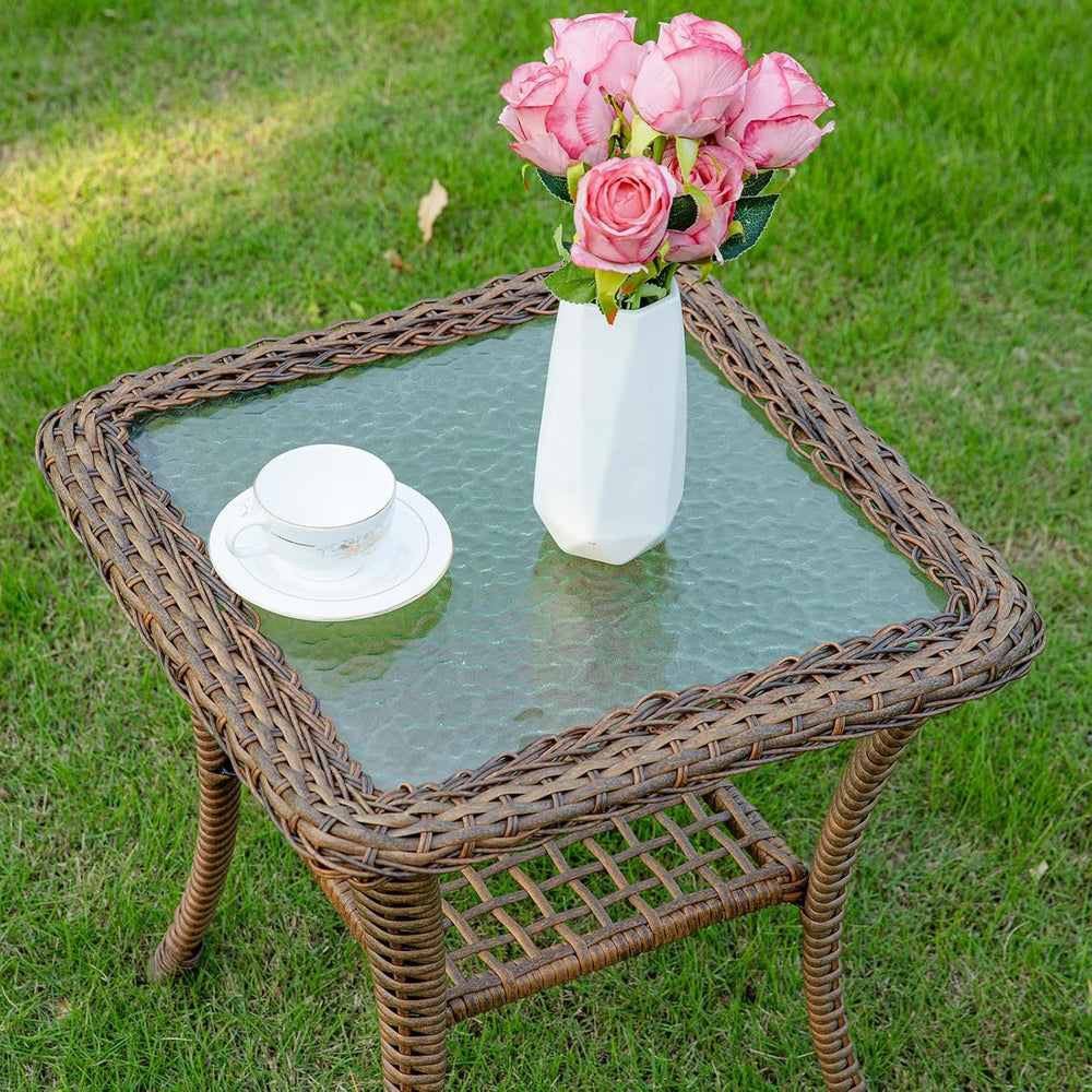 MEETWARM Wicker Outdoor Side Table, All-Weather Patio Rattan Side Table with ...
