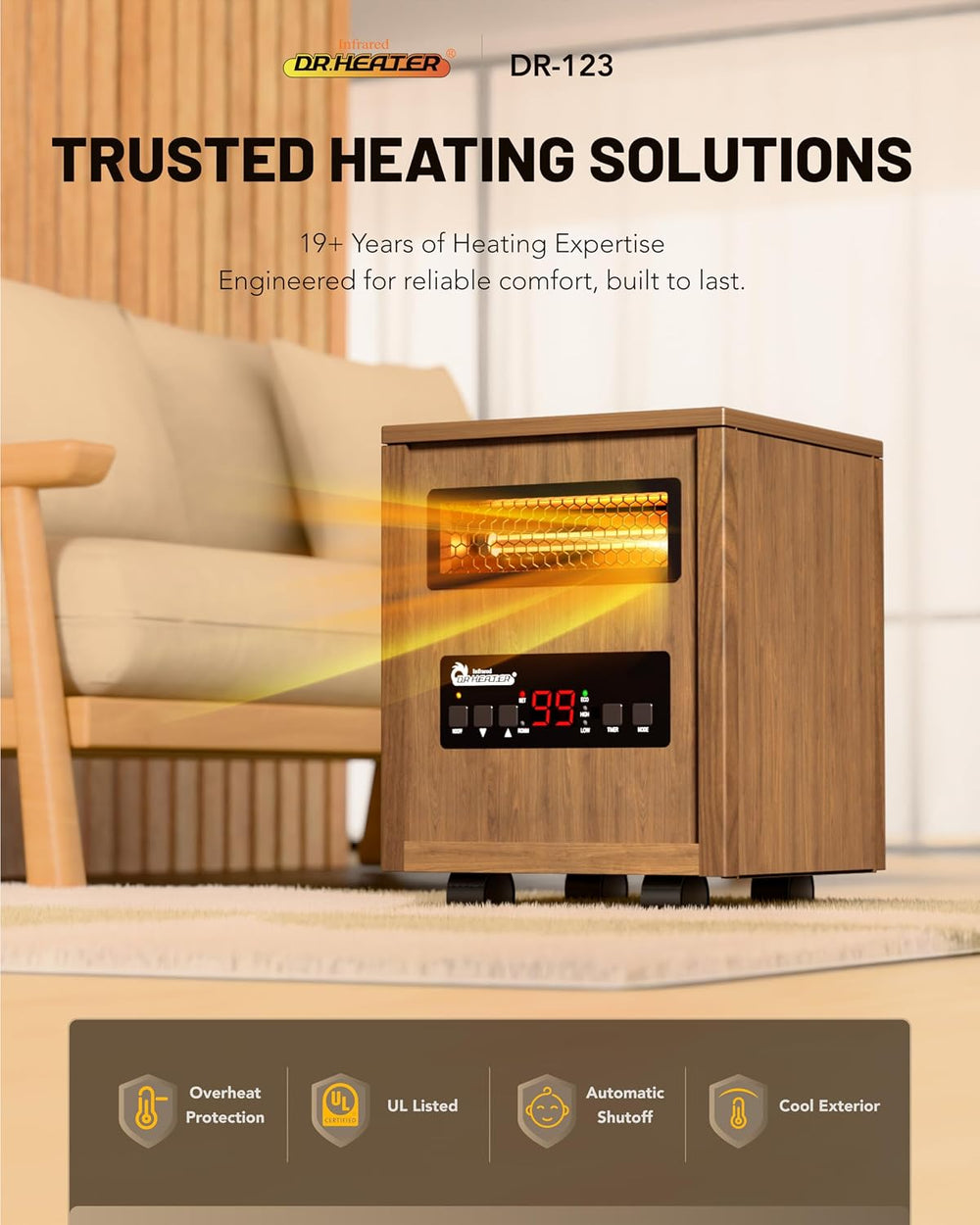 DR. Infrared Heater DR-123 Indoor Portable Space Heater with Remote Control, ...