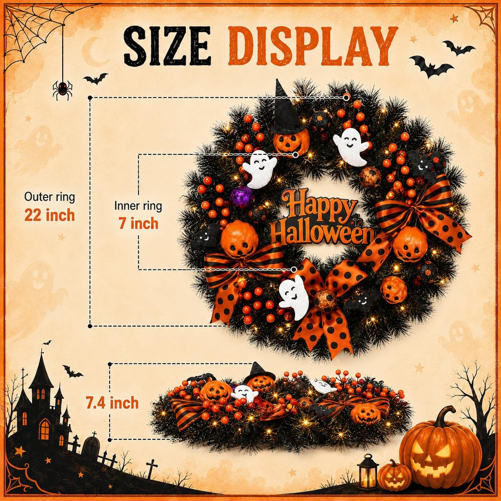 22 Inch Halloween Wreath for Front Door with Light Pumpkin Ghost Decor