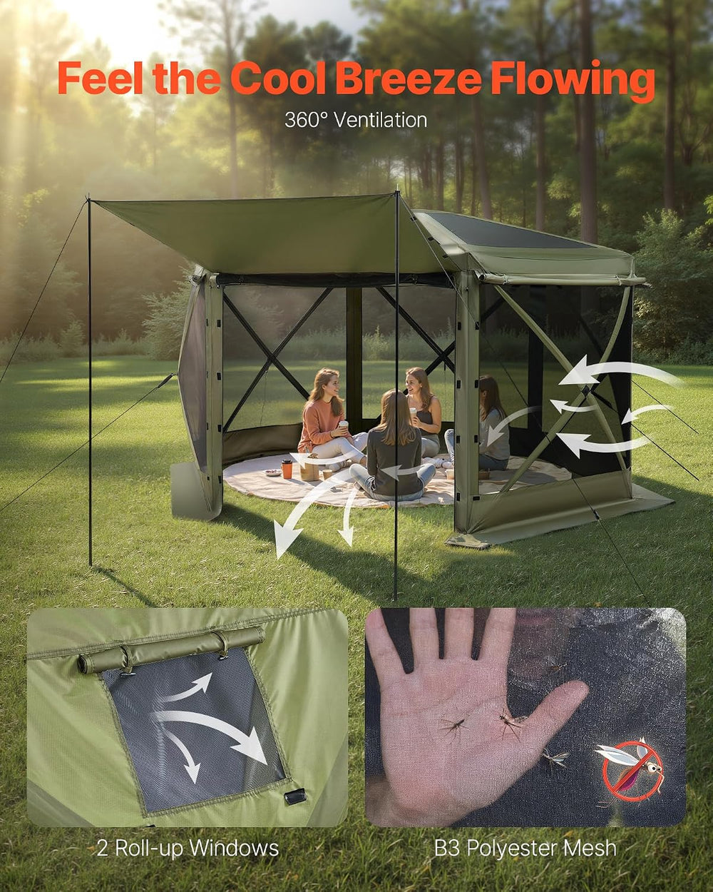 VEVOR Pop up Gazebo Screen Tent, 12 x 12 ft Large 6-Sided Camping Canopy Tent...