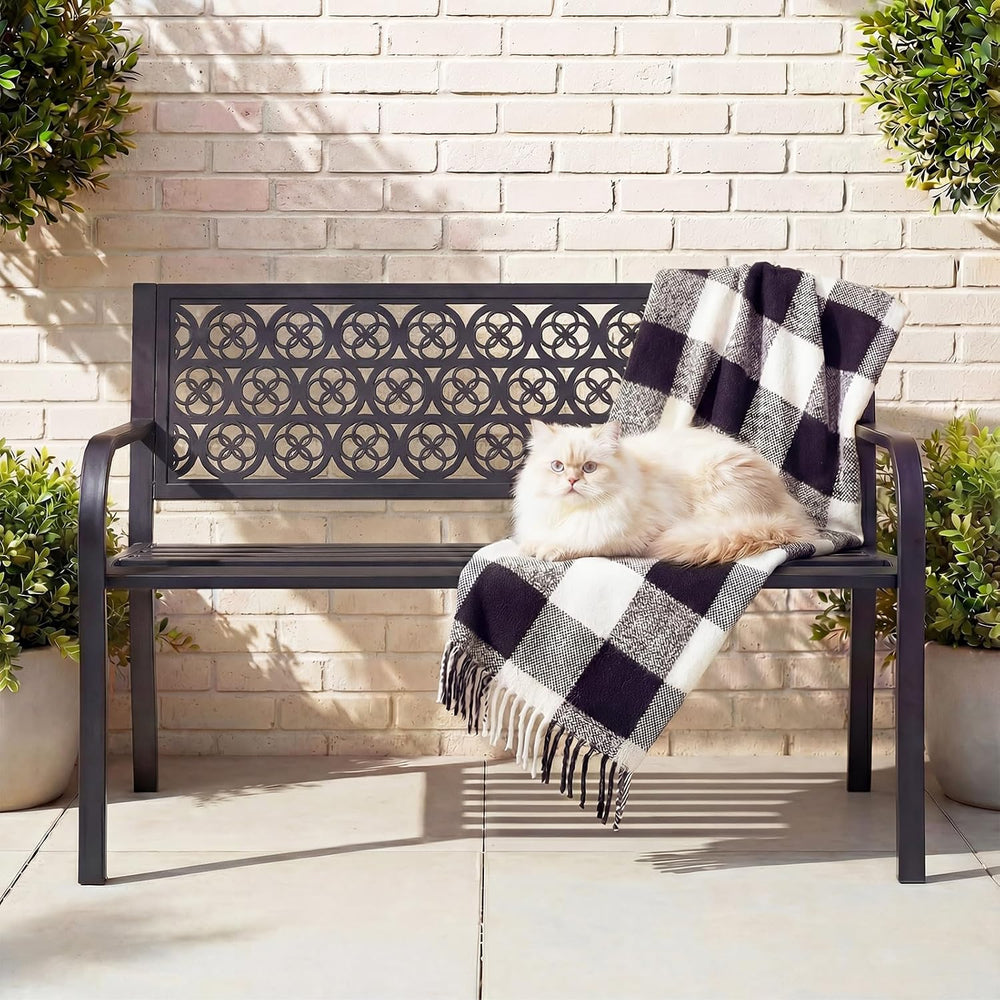 44" Outdoor Garden Bench, Iron Metal Frame Patio Bench with Backrest and...