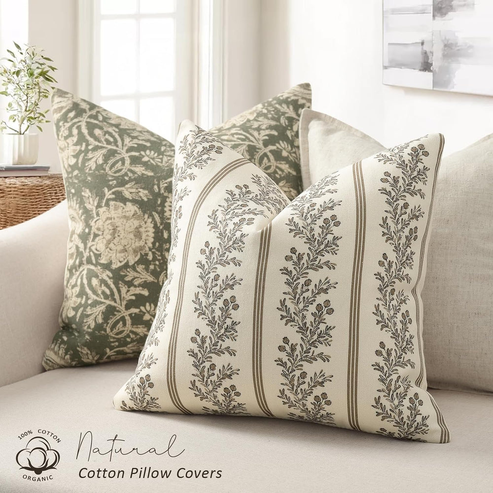 Vintage Throw Pillow Covers 24x24 Set of 2, Striped Floral Pillow Cover Botan...