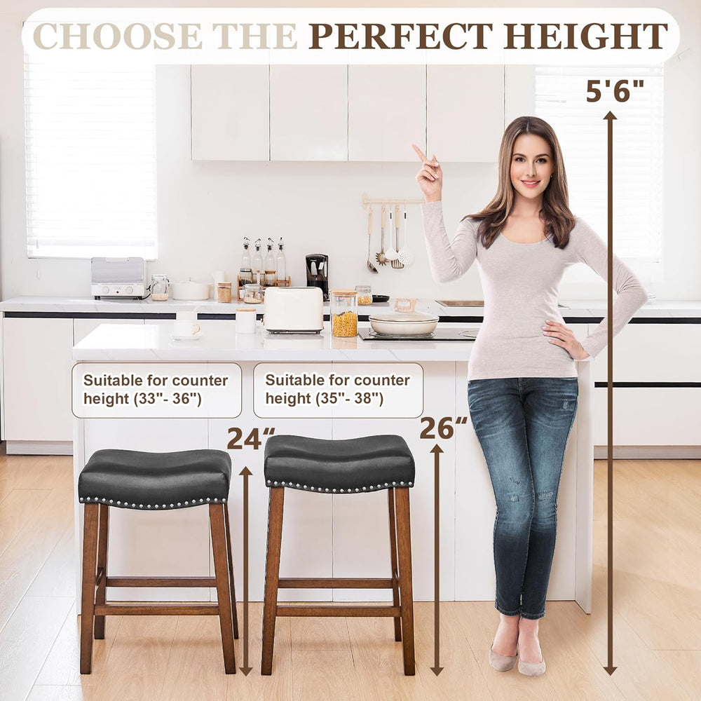 PrimeZone 26 Inch Solid Wood Saddle Backless Bar Stools Set of 2, Black