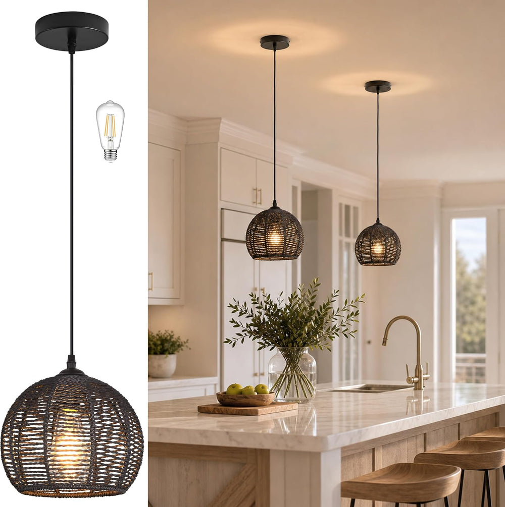 Black Woven Boho Chandelier Wicker Rattan Dome Pendant Light Fixture for Dini...