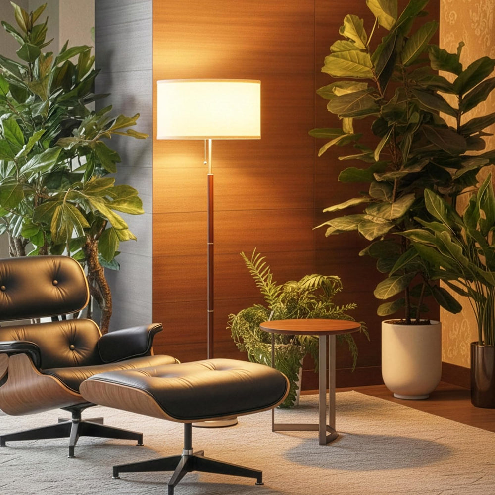 Brightech Carter LED Floor Lamp, Drum Shade with Walnut Wood Finish, Great Li...