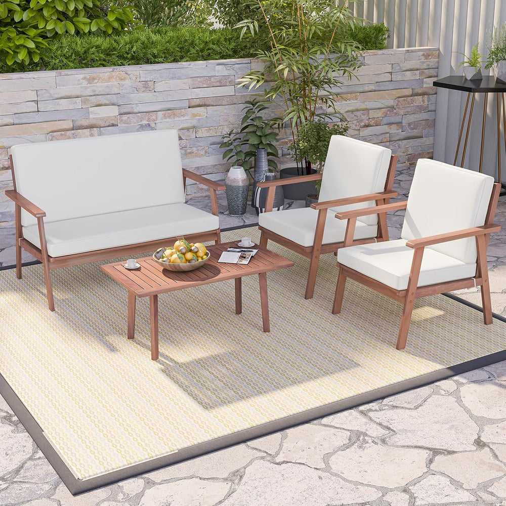 Tangkula 4 Piece Outdoor Conversation Set, Acacia Wood Sofa Set with Soft Sea...