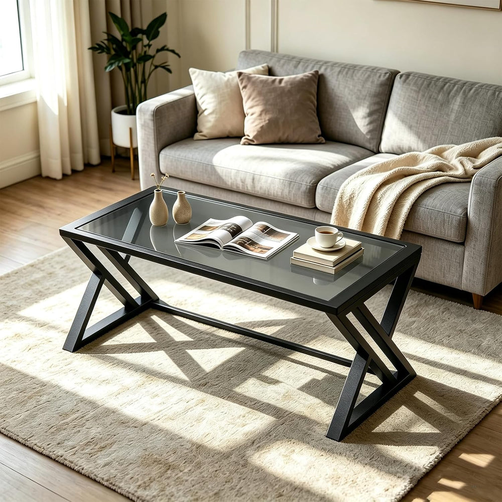 Wolawu Coffee Table Grey Glass Coffee Table for Living Room,Modern Rectangula...