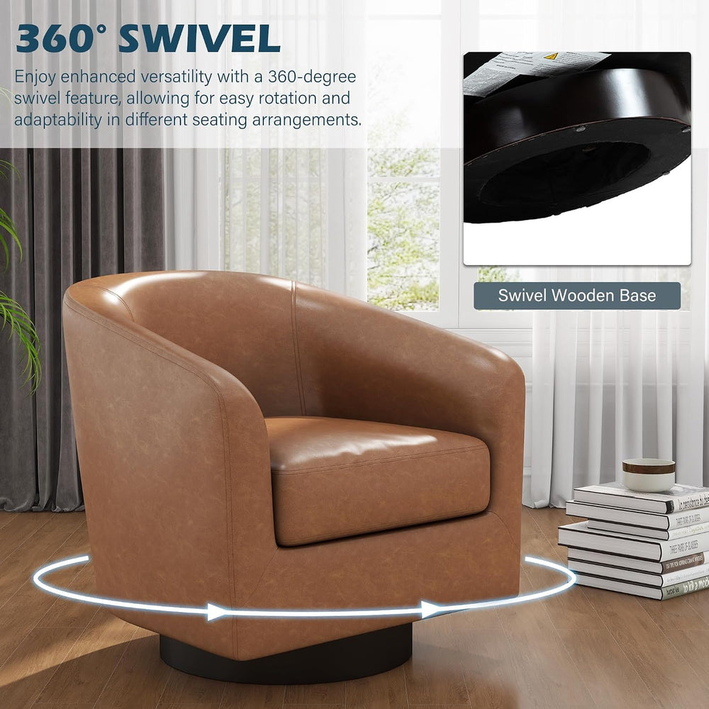 Faux Leather Swivel Accent Chairs Set of 2, Barrel Armchair, Brown