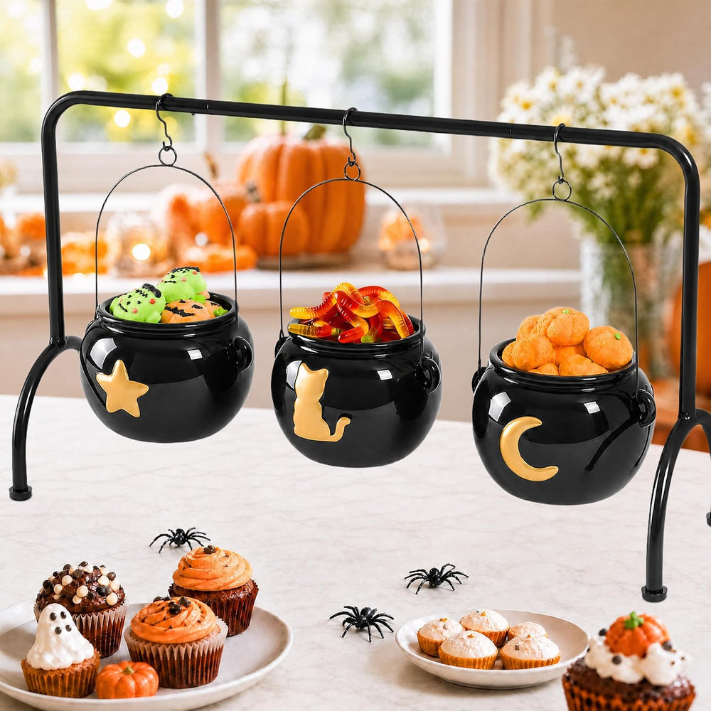 Halloween Decorations 3 Ceramic Witches Cauldron Candy Serving Bowl on Rack, ...