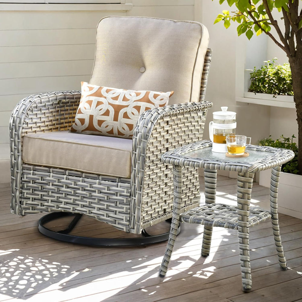 ovios Outdoor Side Table with Tempered Glass Top, Patio Wicker Rattan 2-Tier ...