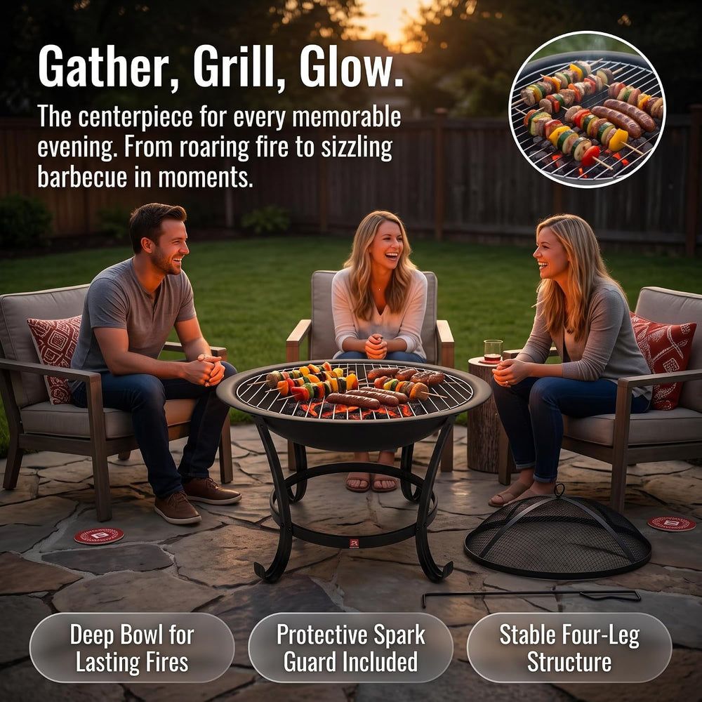 Fire Beauty 22" Wood Burning Fire Pit with 2-in-1 BBQ Grill & Spark ...