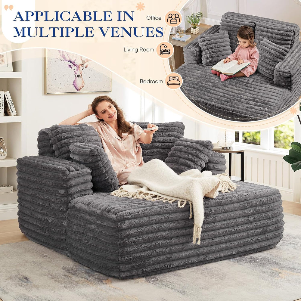 Oversized Chaise Lounge Indoor, Modern Plush Faux Fur Fabric Deep Seat Bonele...