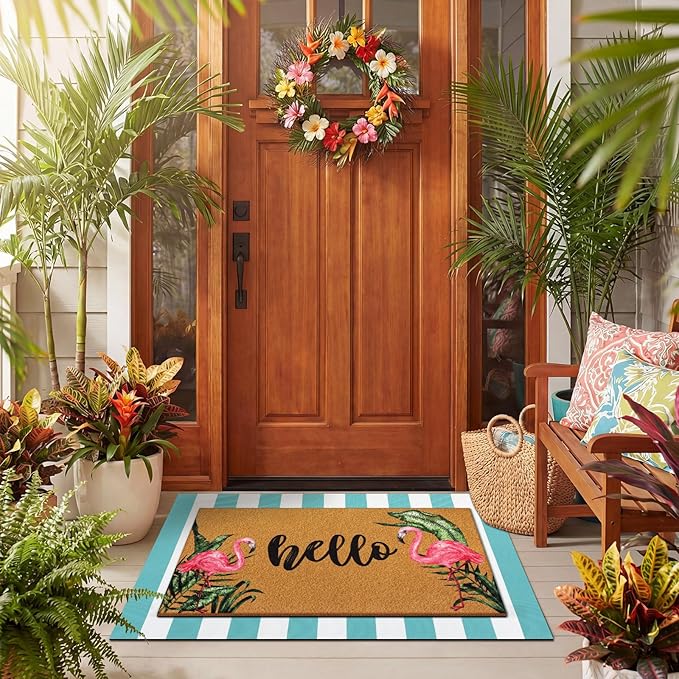 Tinideya 2 Pcs Summer Door Mat Flamingo Welcome Non Slip Coir Hello Mats Floo...