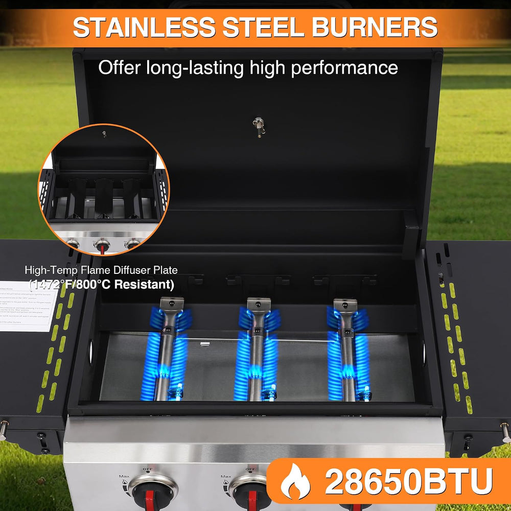 3-Burner Propane Gas Grill with Cast Iron Grates, 38200 BTU output,Foldable S...