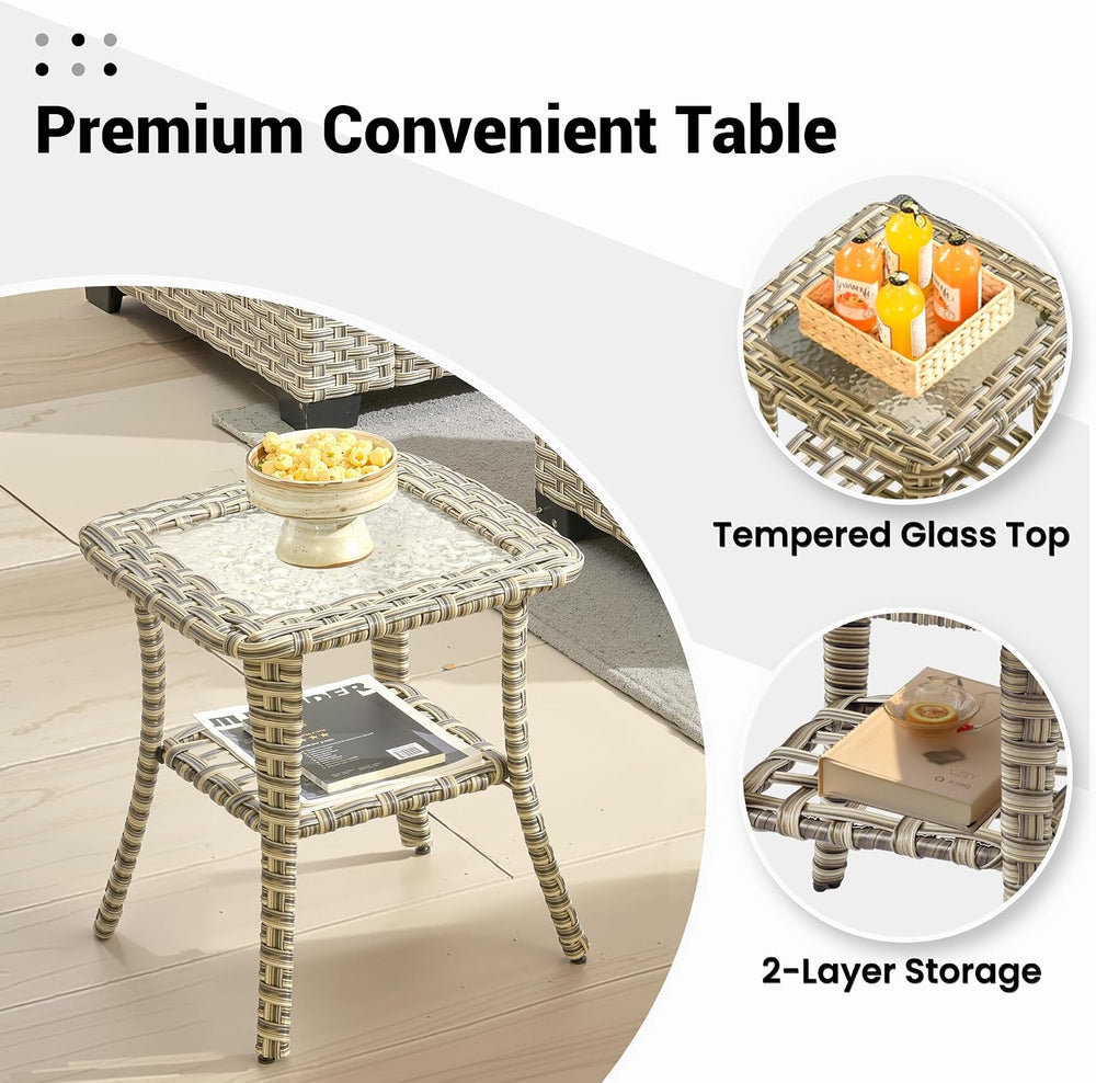 ovios Outdoor Side Table with Tempered Glass Top, Patio Wicker Rattan 2-Tier ...