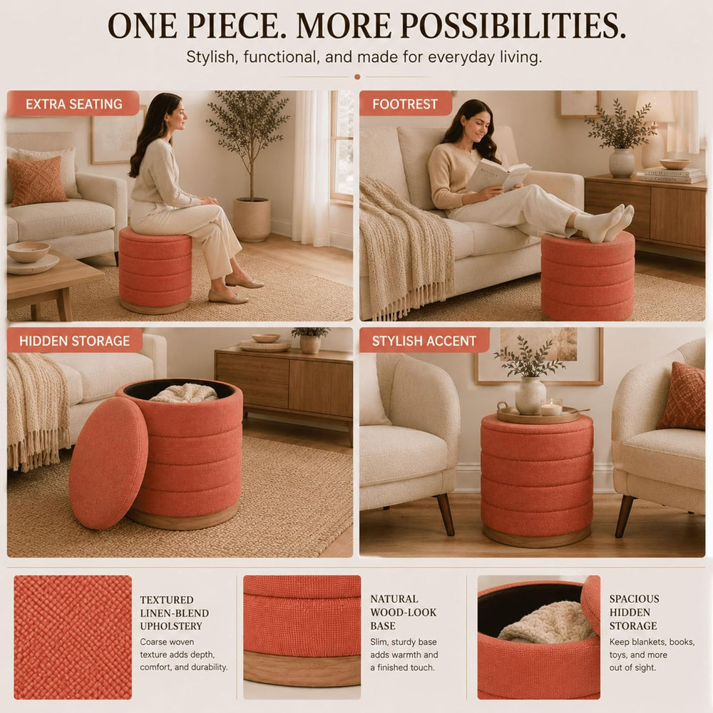 Linen Storage Ottoman Round Footrest with Hidden Storage, Coral Orange 16&quo...