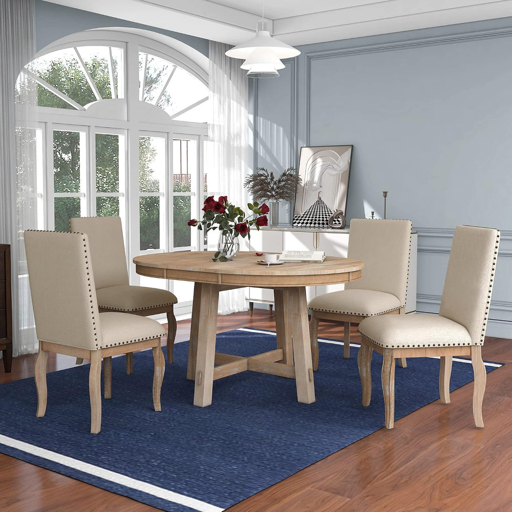 P PURLOVE 5 Pieces Dining Table Set Round Kitchen Extendable Dining Table wit...