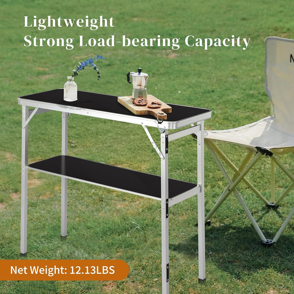 Vasitelan Folding Portable Bar Table with 2 Tier Shelves and Skirt,Black
