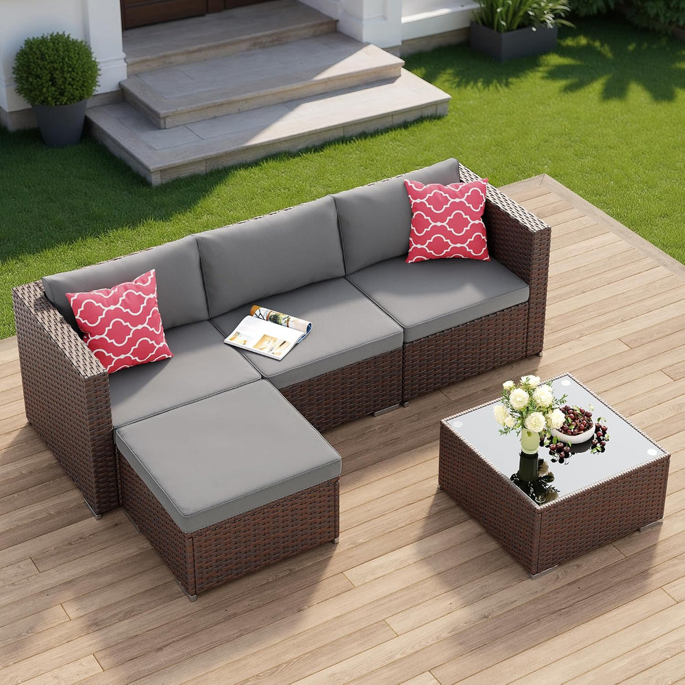 Aiho 5 Pieces Patio Furniture Set All-Weather Outdoor Wicker Sectional Patio ...