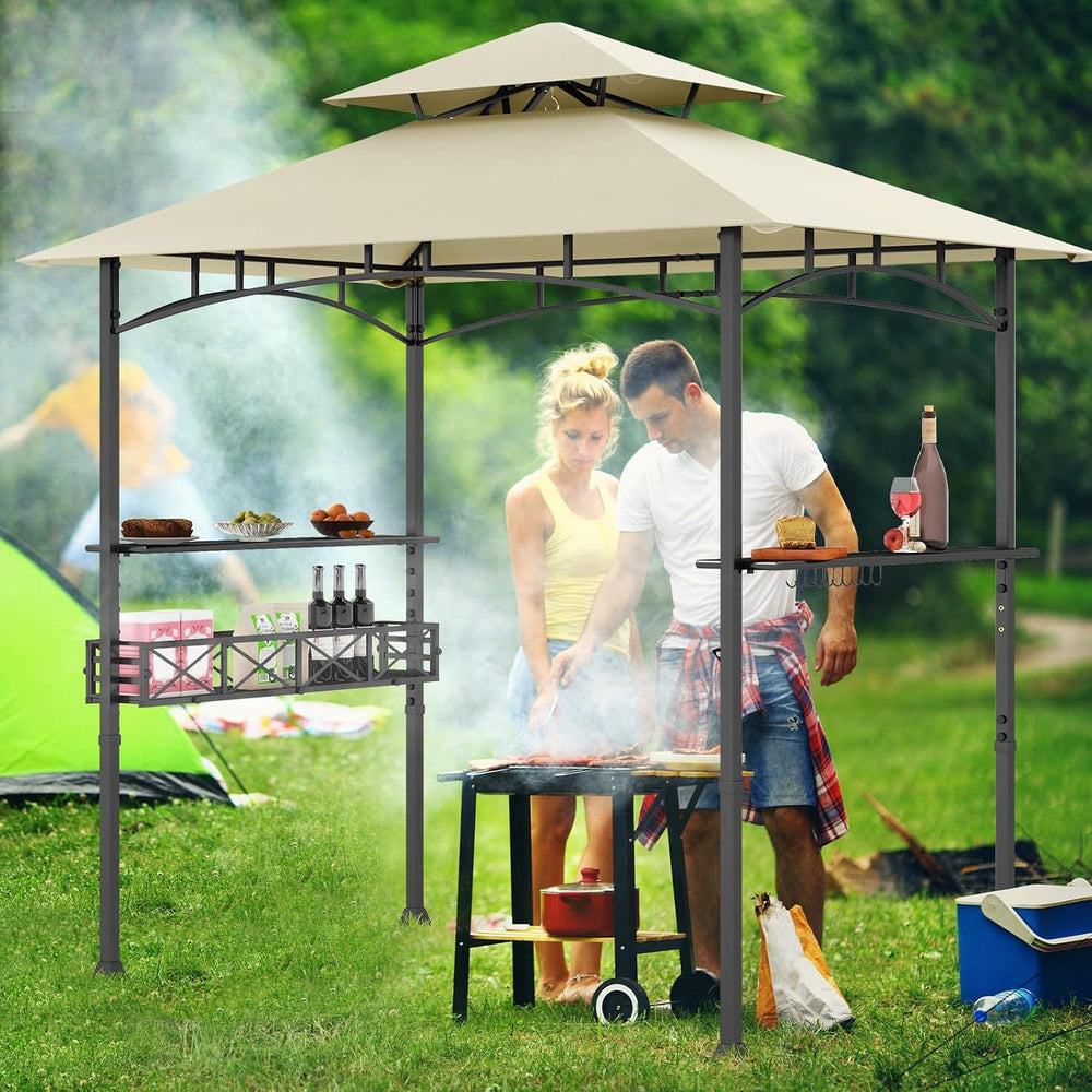 Tangkula 8x5 Ft Outdoor Grill Gazebo w/Side Awning & 2-Tier Vented Canopy
