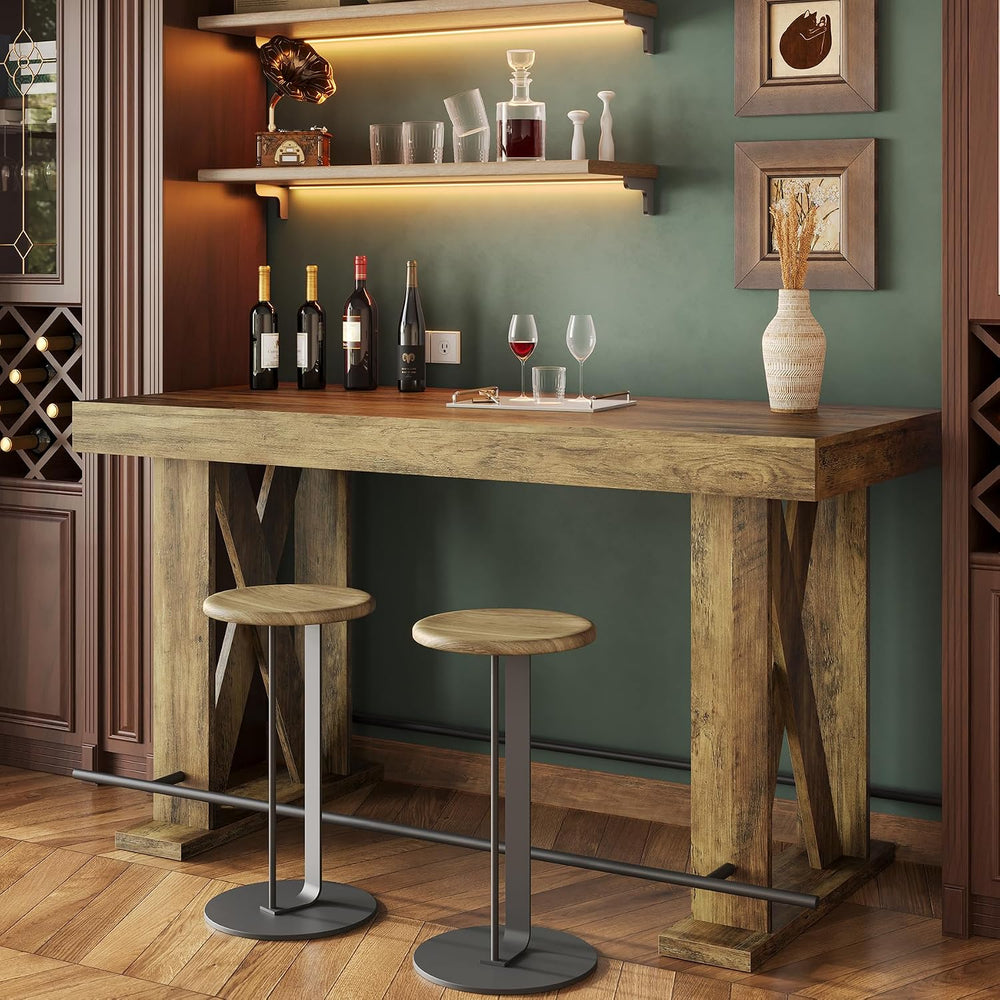 LITTLE TREE 63" Bar Table, Pub Table with Metal Footrest (Rustic Brown,2)