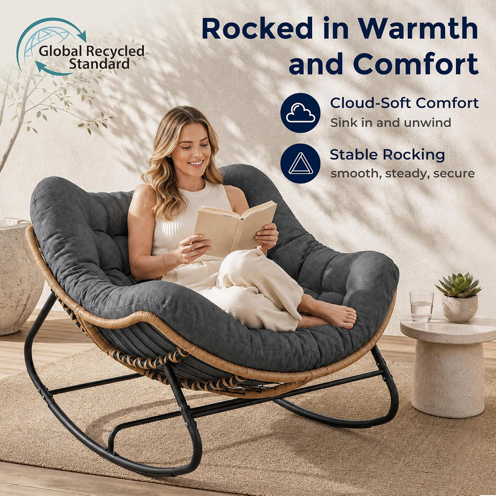 SWITTE Papasan Rocking Chair, Outdoor Wicker Egg Rocker with Cushion, Grey