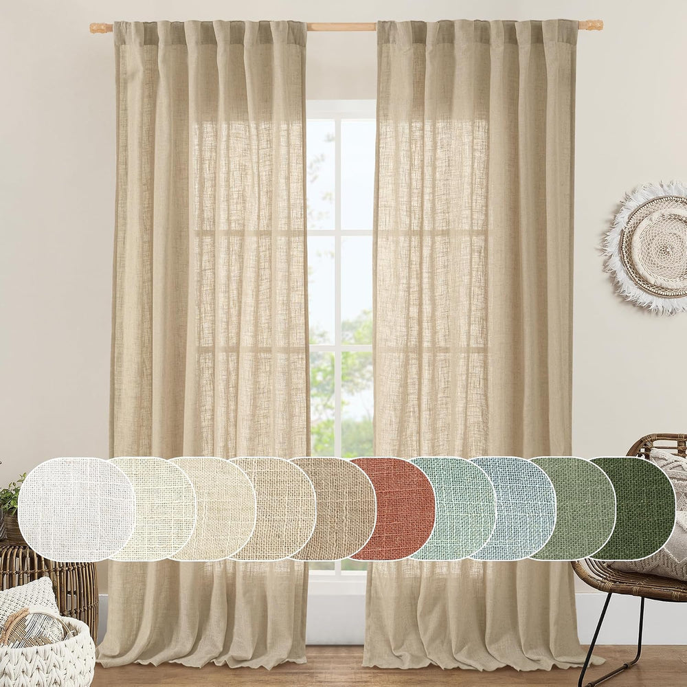 LAMIT Living Room Linen Curtains 95 Inch for Bedroom, Semi Sheer Panels