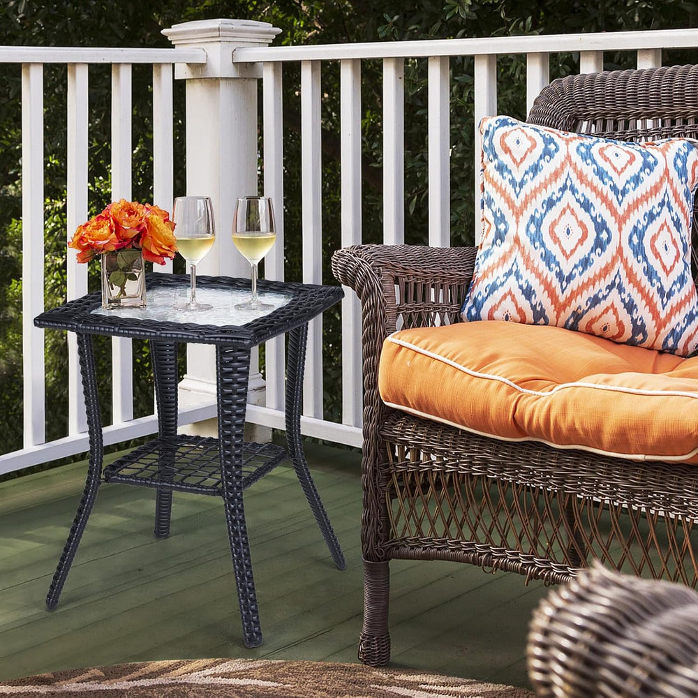Outvita Rattan Outdoor Side Coffee Table with Glass Tabletop Storage Shelf