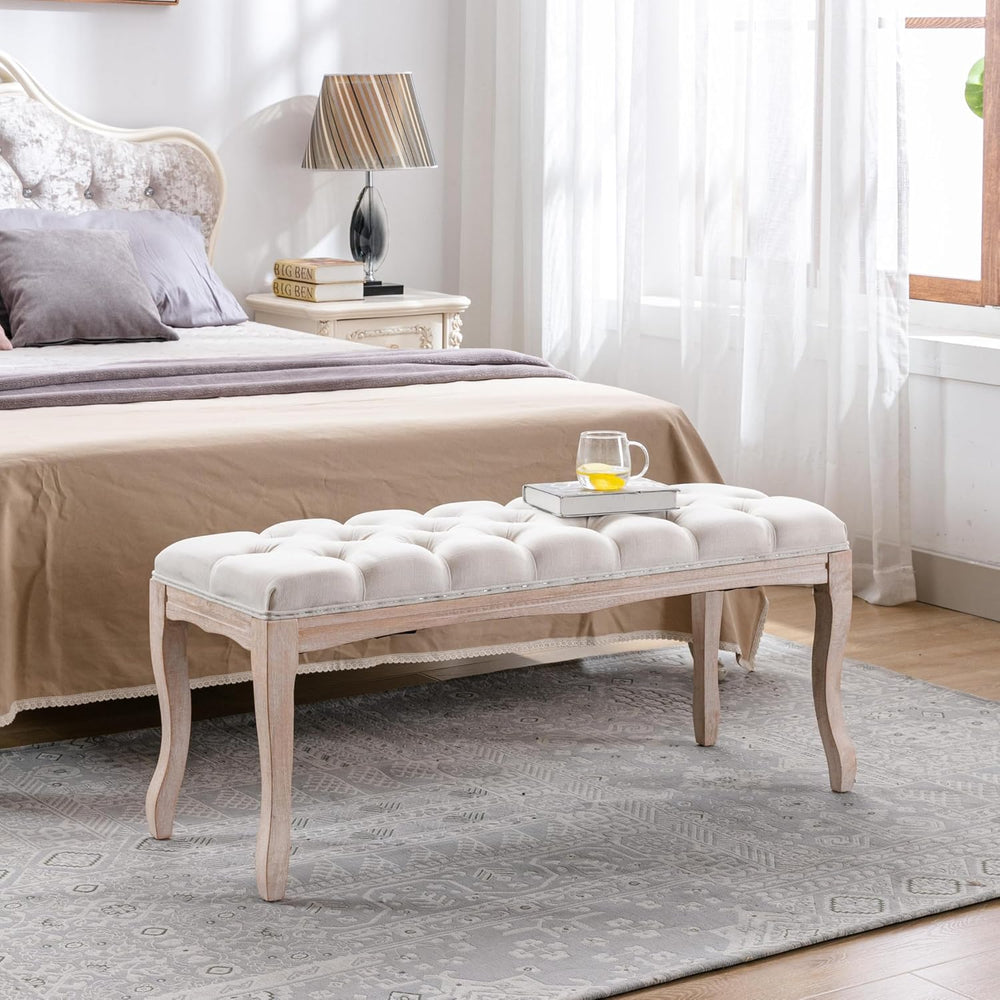 French Upholstered Tufted Entryway Bench, Mid-Century Vintage Linen Fabric Ot...