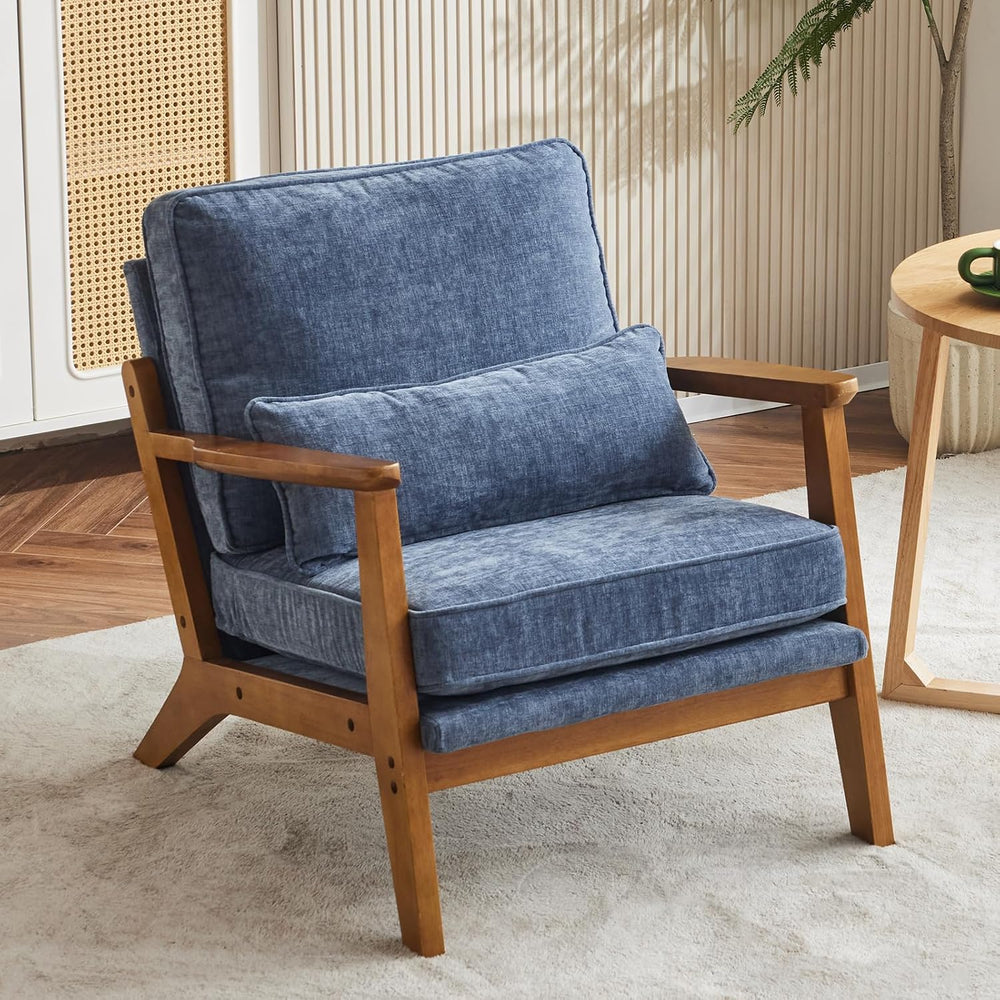 VINGLI Solid Wood Wide Armrests Accent Chair,Upholstered Mid Century Modern C...