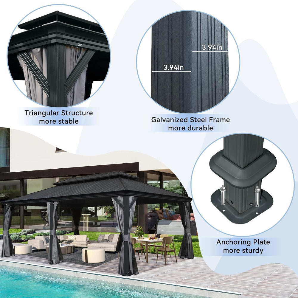 Outdoor Patio Metal Hardtop Gazebo 14x22FT with Gutter Pergola -Grey