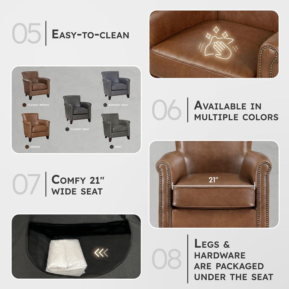 Lexicon Top Grain Genuine Leather Chair, Rolled Armrest, Brown