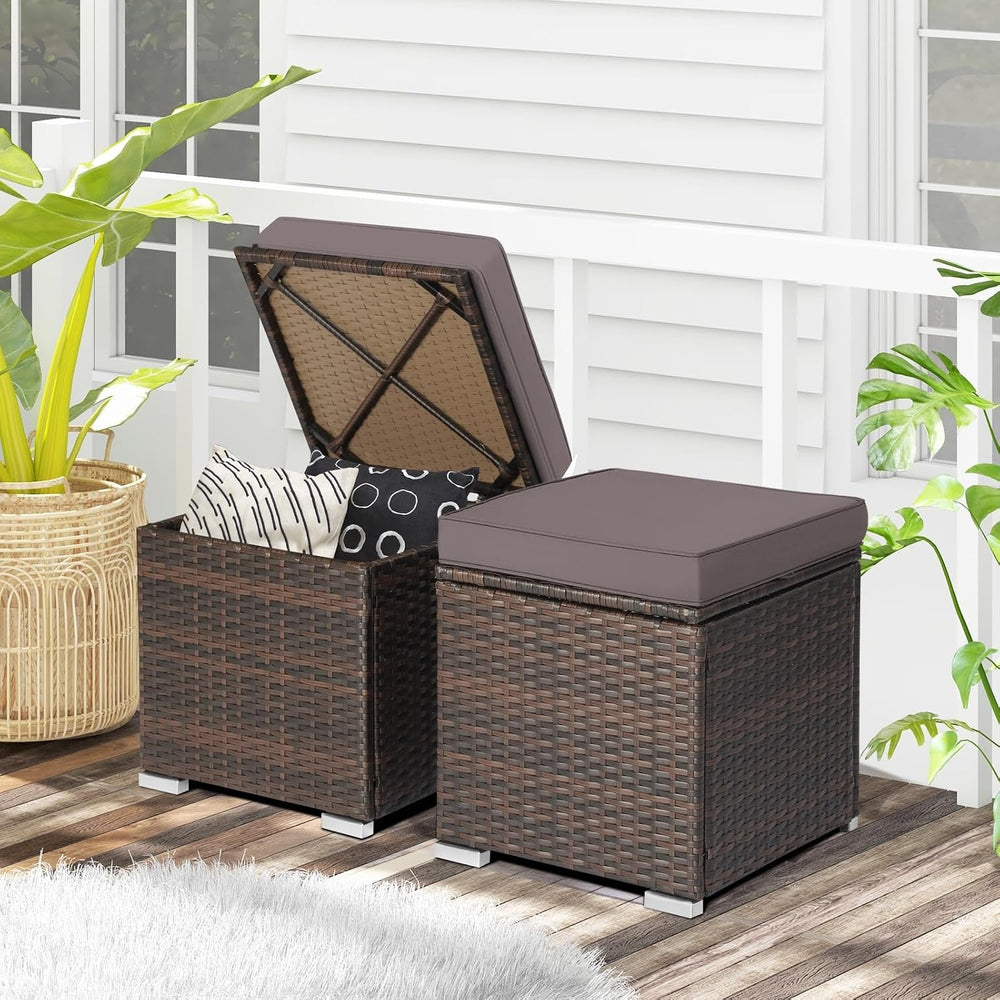 RELAX4LIFE Wicker Outdoor Storage Ottoman, 2-Piece Rattan Footstool w/Removab...