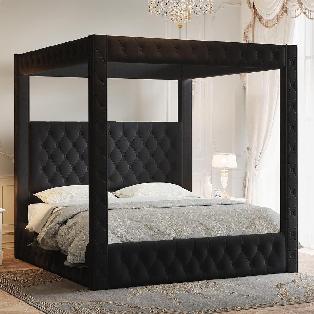 Jocisland Queen Canopy Bed Frame Velvet Upholstered Headboard, Black