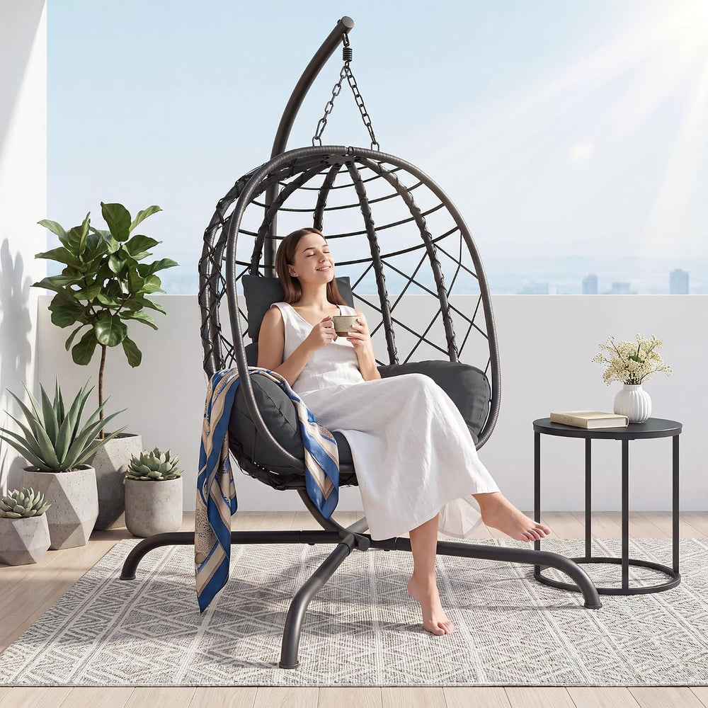 Hanging Egg Chair with Stand Patio Wicker Rattan Swing Chair Hammock Egg Chai...