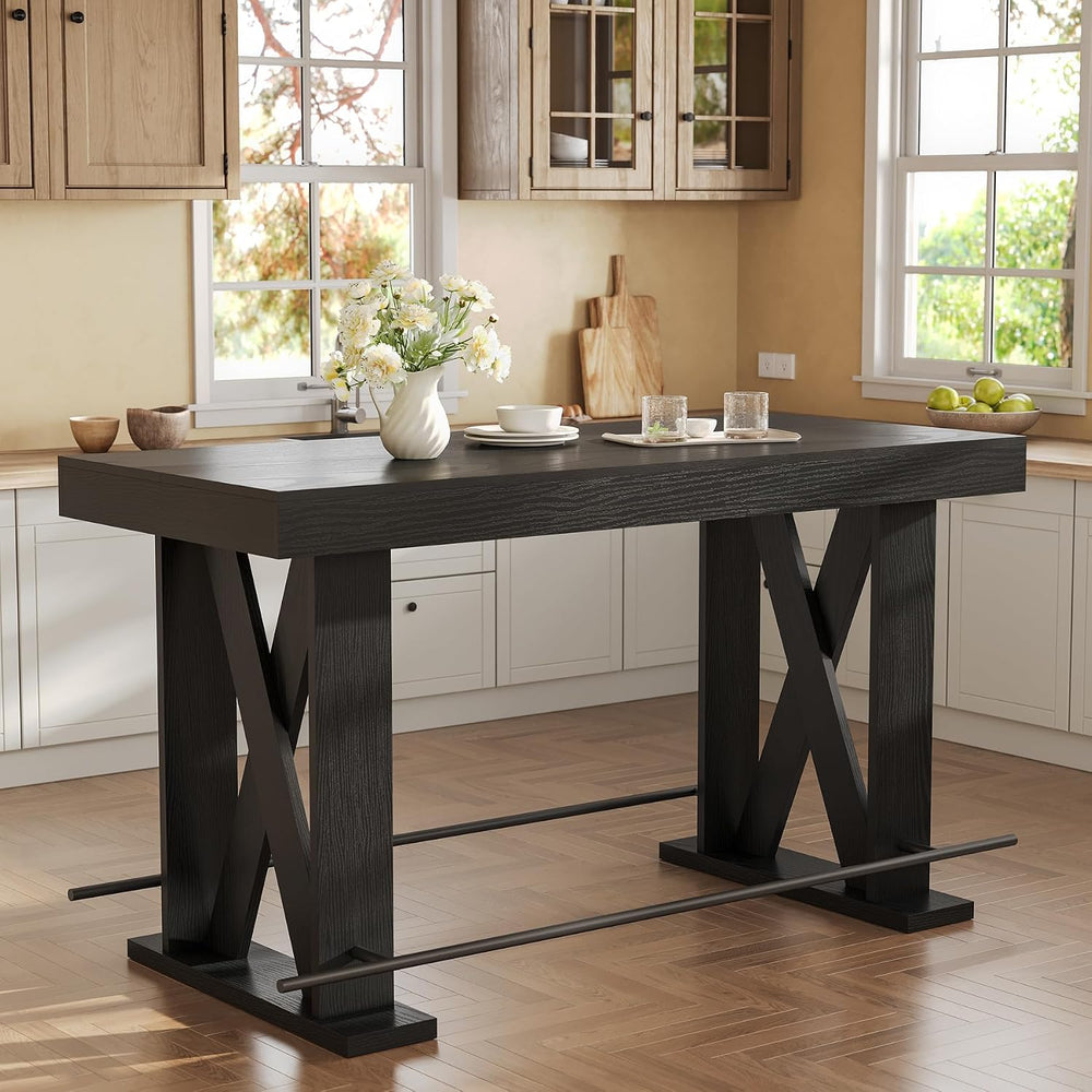 LITTLE TREE 63" Bar Table, Pub Table with Metal Footrest (Black,1)