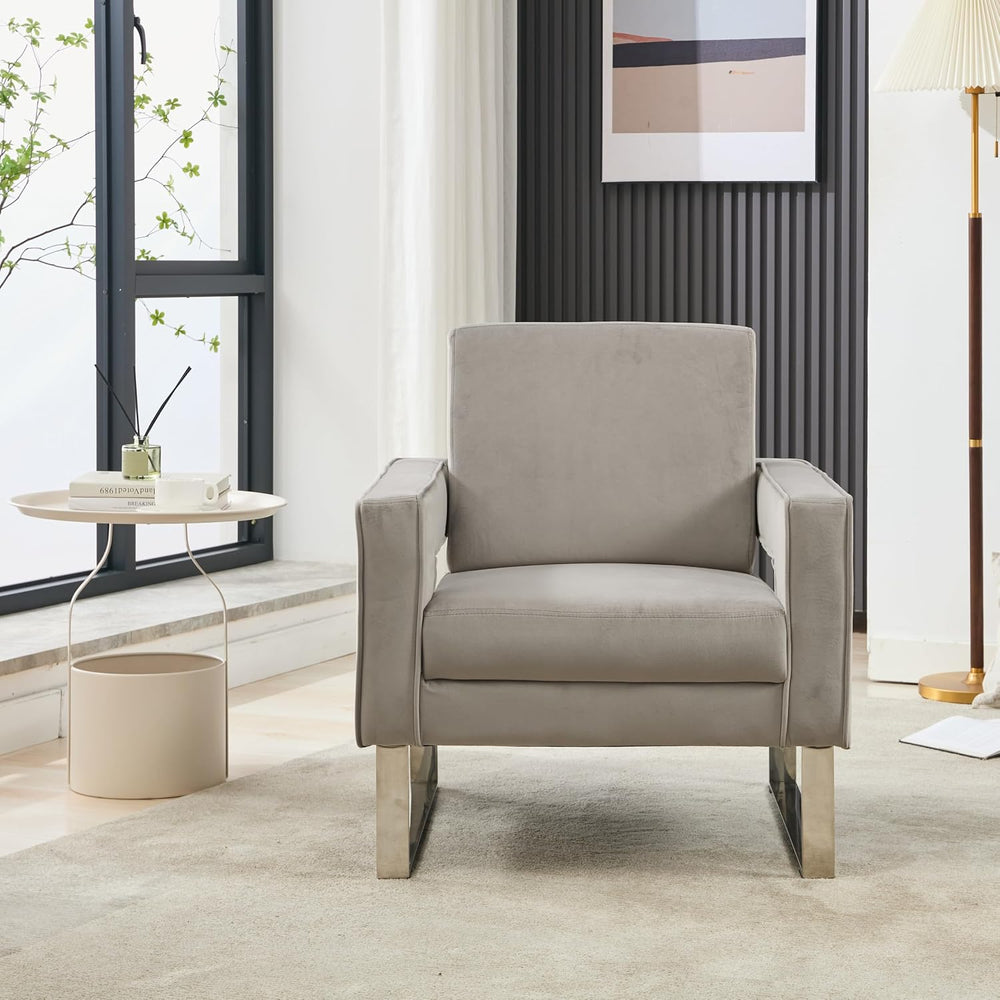 Velvet Accent Chair, Modern Armchair with Silver Base, Grey