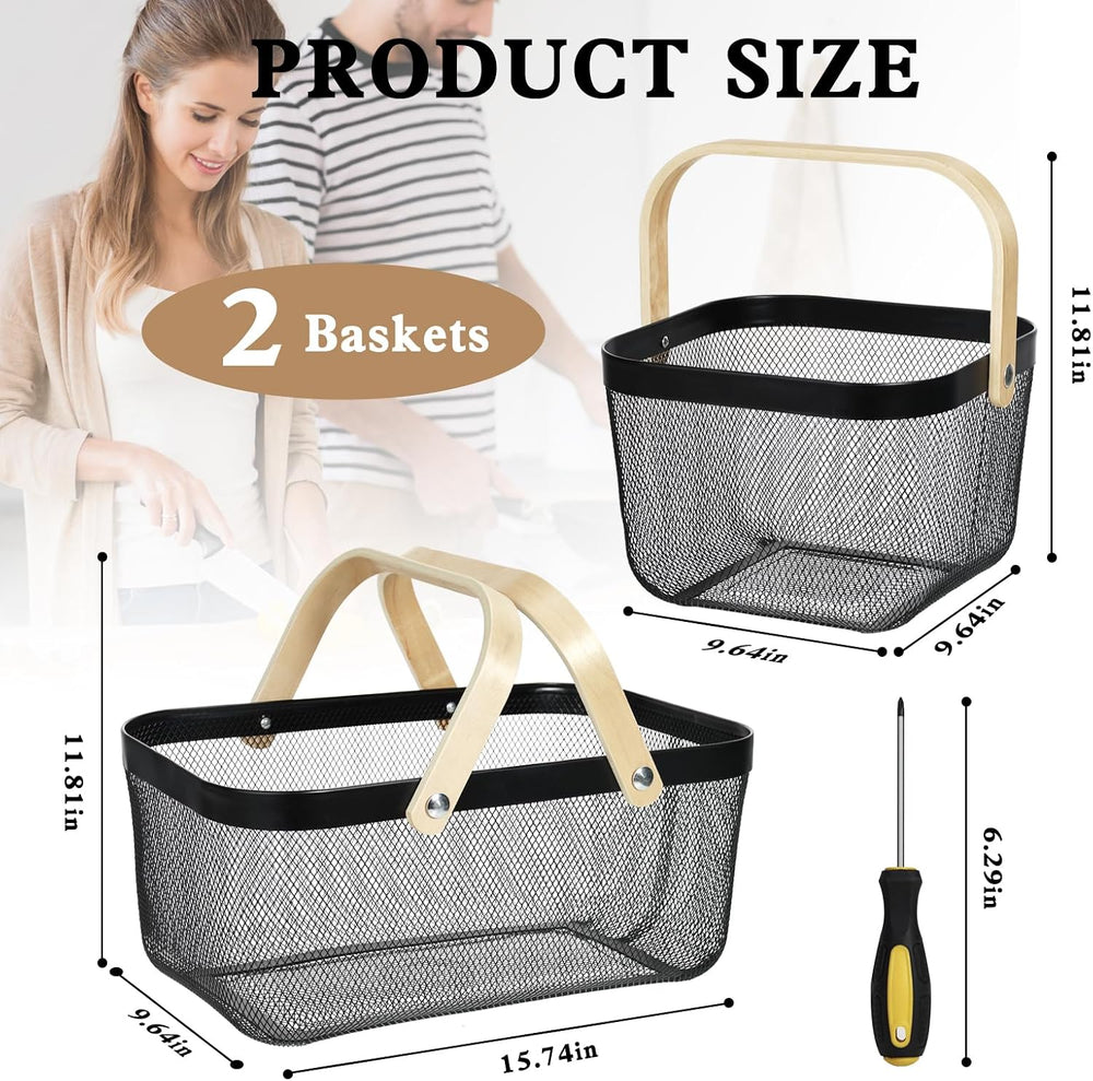 2 Pack Garden Harvest Basket, Metal Mesh Wire Picnic Basket with Handle