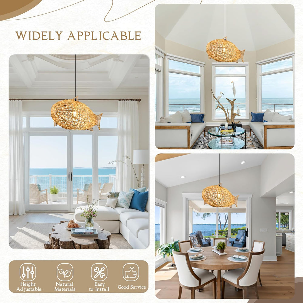 24 inch Fish-Shaped Rattan Woven Pendant Light Boho Chandelier Rustic Farmhou...