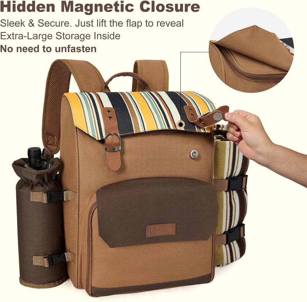 Picnic Backpack, 2-Person Set with Blanket and Wine Holder, Gray(Caramel Brown)