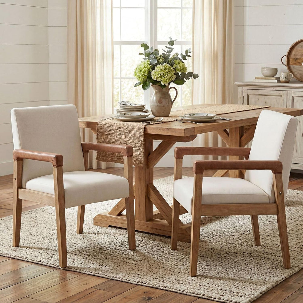 Mid Century Modern Dining Chairs with Arms, Solid Wood Farmhouse Upholstered ...